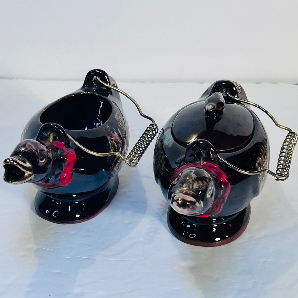 Napco Mallard Duck Ceramic Servers Set Japan Black Pink Gold MCM Vintage Good